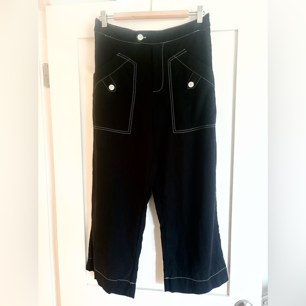 Joie Wide Leg cropped Pants M – Black white Contrast Stitch Tencel Linen blend